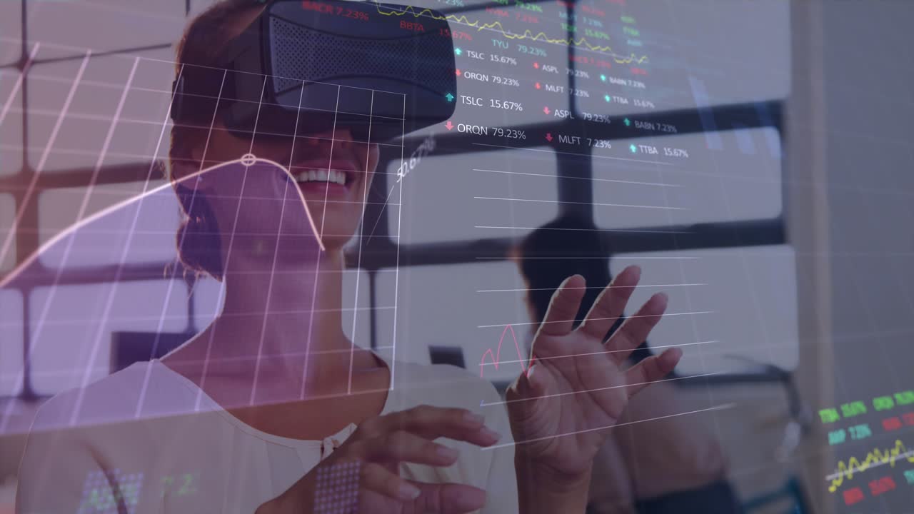 Animation of data processing over caucasian woman using vr headset
