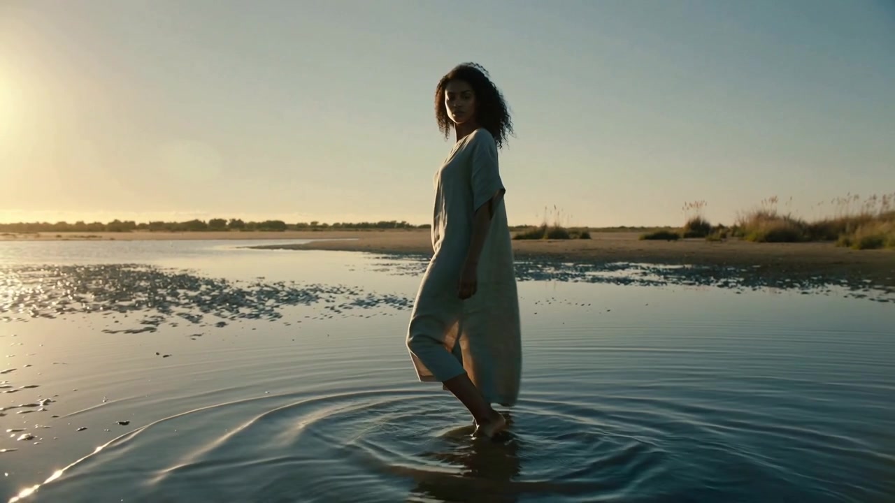 Iniziando un passo, una donna cammina e si gira in acqua bassa, creando increspature con il suo vestito lungo fino alle caviglie.