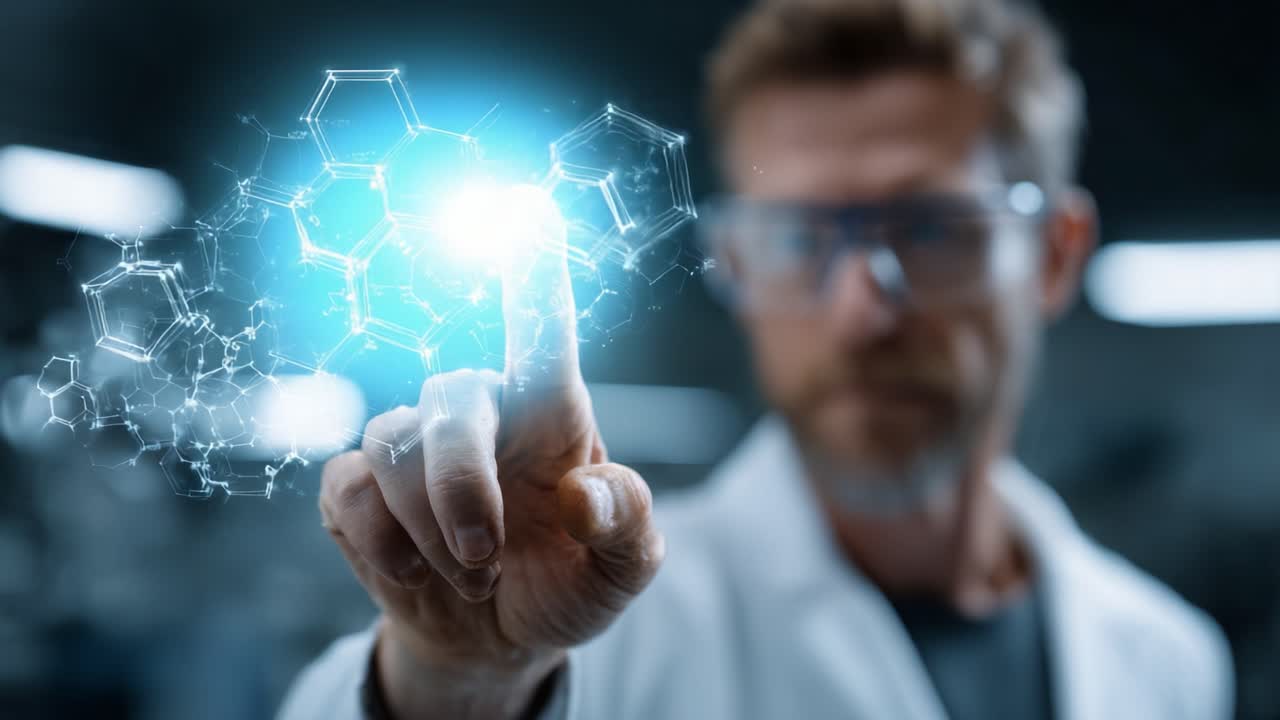 Vědecký výzkumník s digitálními molekulárními strukturami: Zkoumání inovativních konceptů v chemii a technologii prostřednictvím interaktivních vizualizací.