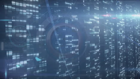 animación de pantalla digital azul con diversos procesamientos de datos, velocidad de luz y conexiones