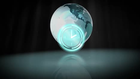 Animation-of-moving-clock-over-globe-on-black-background