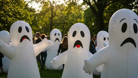 a captivating scene featuring inflatable ghosts in a lively outdoor setting, highlighting their unique expressions amidst a gathered crowd during a bright day