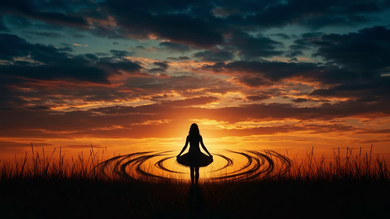 A Dreamlike Journey Through Twilight: A Dance of Silhouettes Against a Mesmerizing Sunset Over Whispering Grasslands