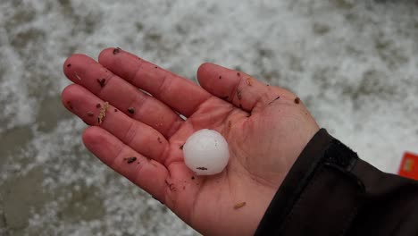 Top-shot-of-a-caucasian-hand-holding-s-single-hailstone,-hand-dropping-the-ice-sphere,-camera-focuses-on-the-background-showing-a-lot-of-hailstone-laying-in-the-driveway