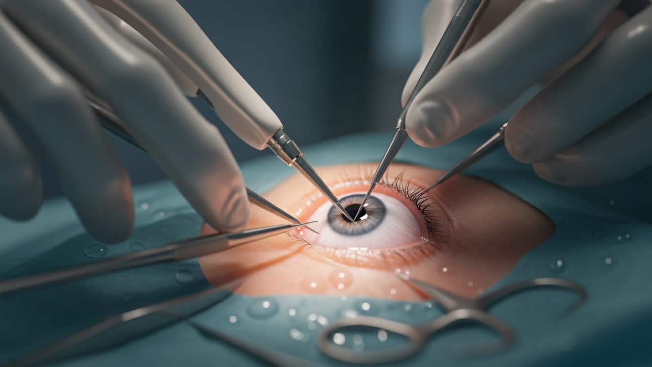 Detailed Close-Up of an Intricate Eye Surgery Procedure, Showcasing Precision Tools and the Helpless Eye Undergoing Careful Surgical Manipulation