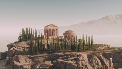 ruinas de un antiguo templo romano con vistas a la serena costa al amanecer