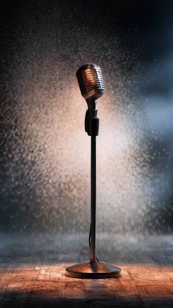 Un classico microfono vintage in piedi da solo su un palco, illuminato da un'illuminazione drammatica, che cattura l'essenza della performance dal vivo e dell'espressione musicale.