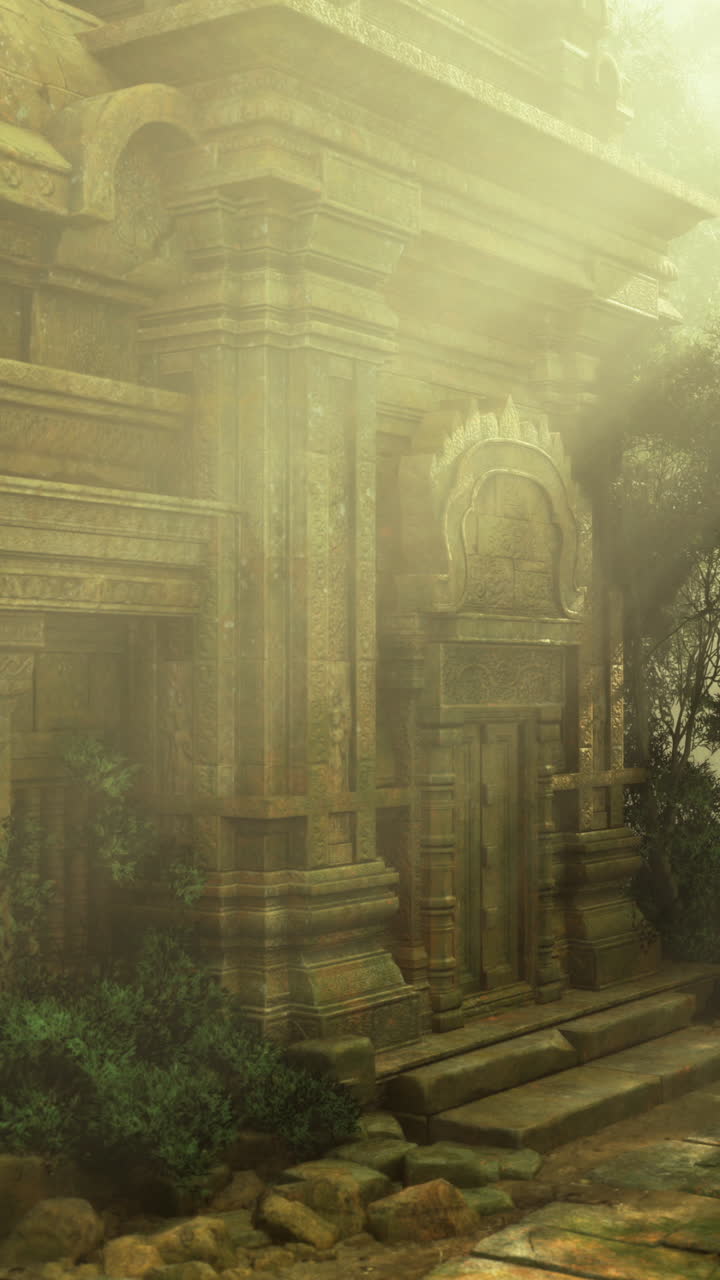 Rovine di un antico tempio circondate da una vegetazione lussureggiante e una tenue luce dorata