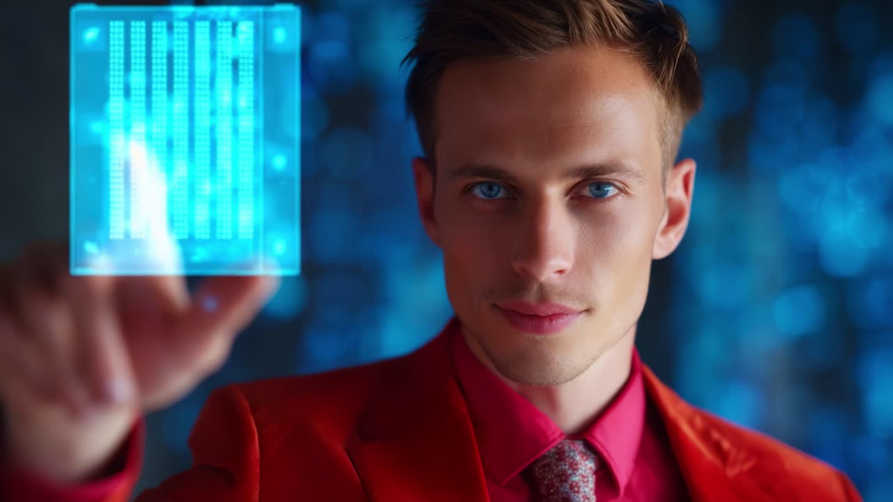 Sebevědomý jedinec ve stylovém obleku interaguje s high-tech rozhraním a předvádí futuristickou interakci s daty a vizuální technologii v akci.