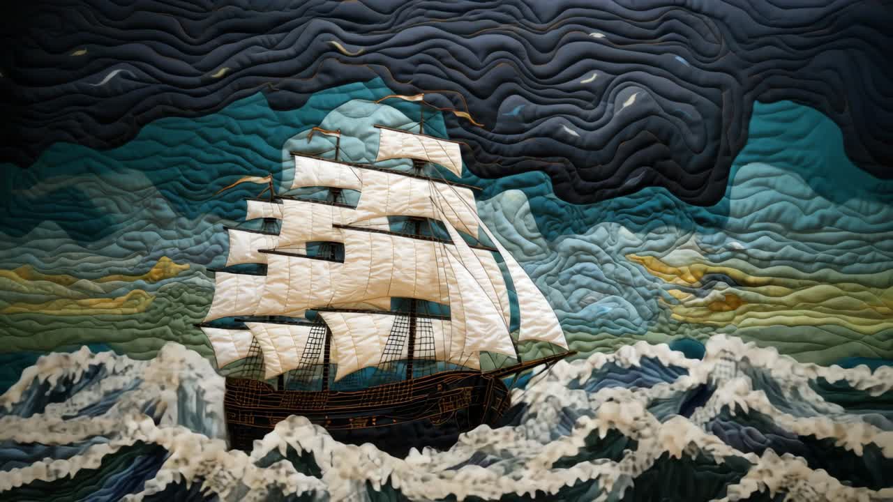 Vista aerea di una nave trapuntata su mari agitati, che mostra intricate cuciture
