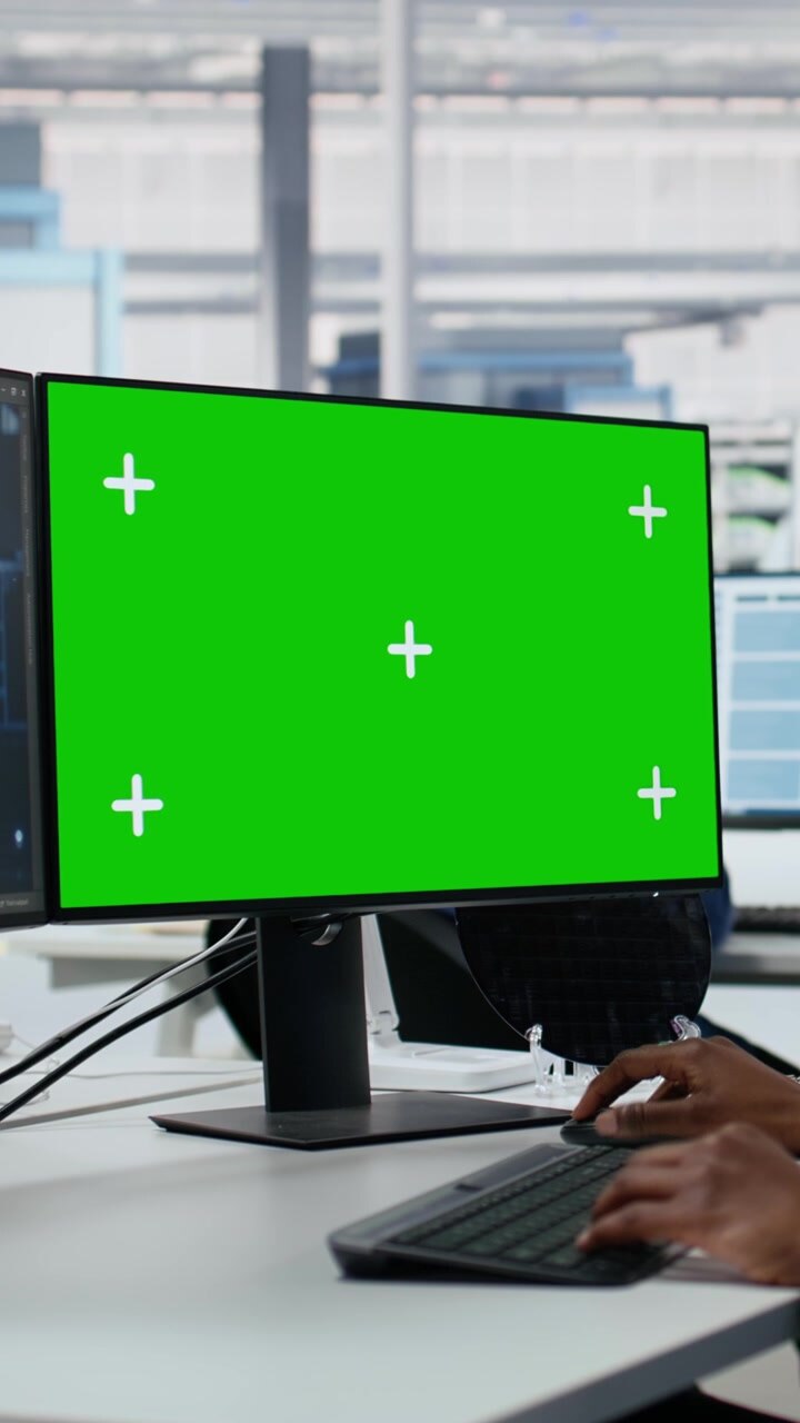 Vertikales Video: Chroma-Key-PC, Überprüfung der Mikrochip-Produktion und F&E-Fabrikspezialist nutzt KI