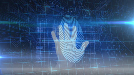 escaneo de mano humana sobre escáner biométrico contra bloqueo de seguridad y conexiones de microprocesador