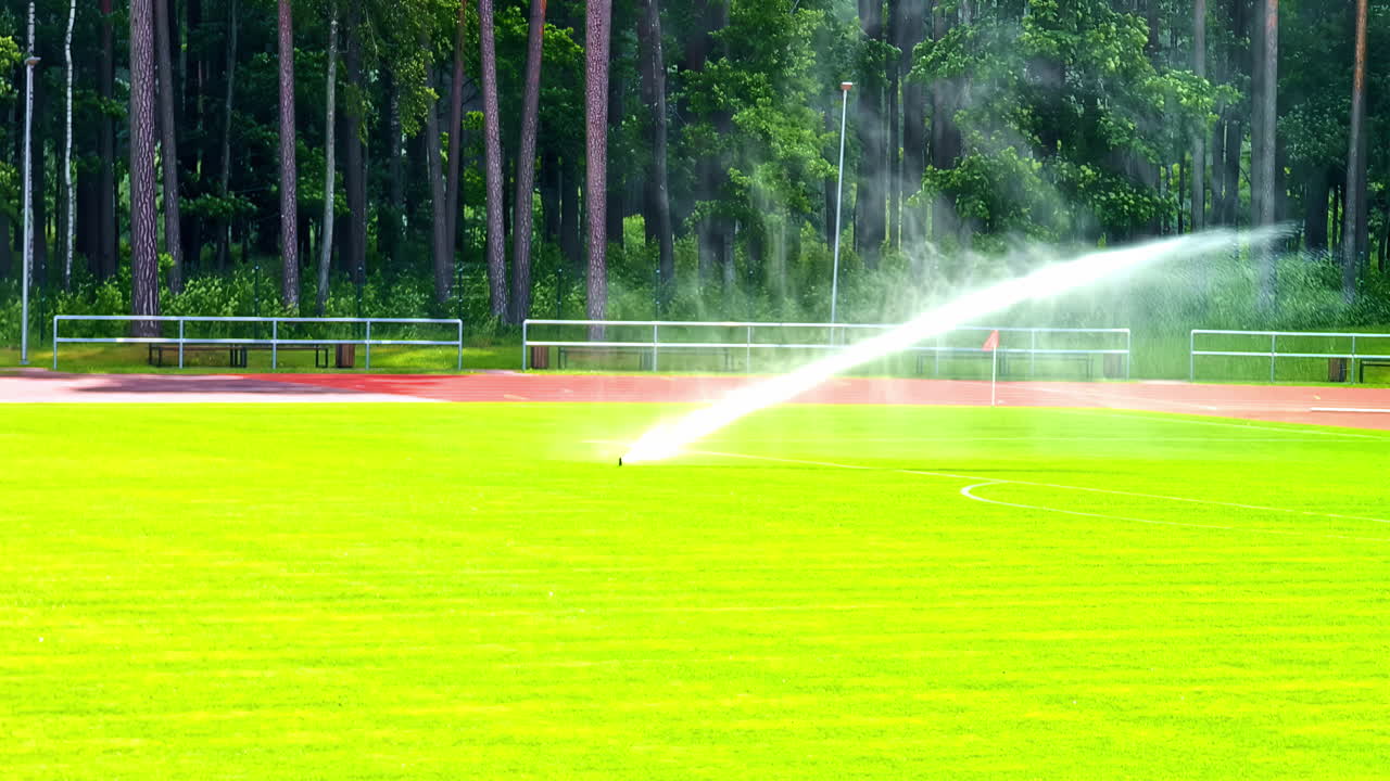 Sprinkler watering bright green football field surrounded by tall pine trees