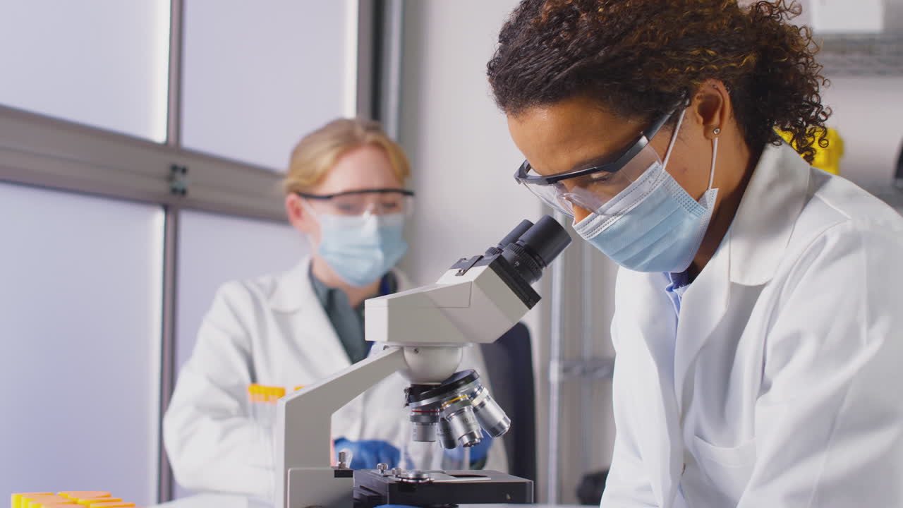 Female Lab Workers Wearing PPE Analysing Samples In Laboratory With Microscope