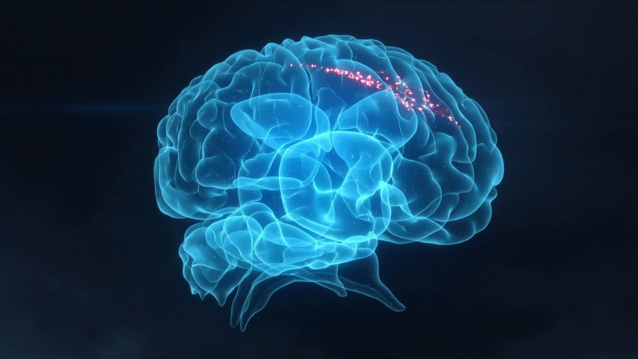 Showing cyan 3D brain rotating pulsing as pink particles appearing along cortex, showing activation