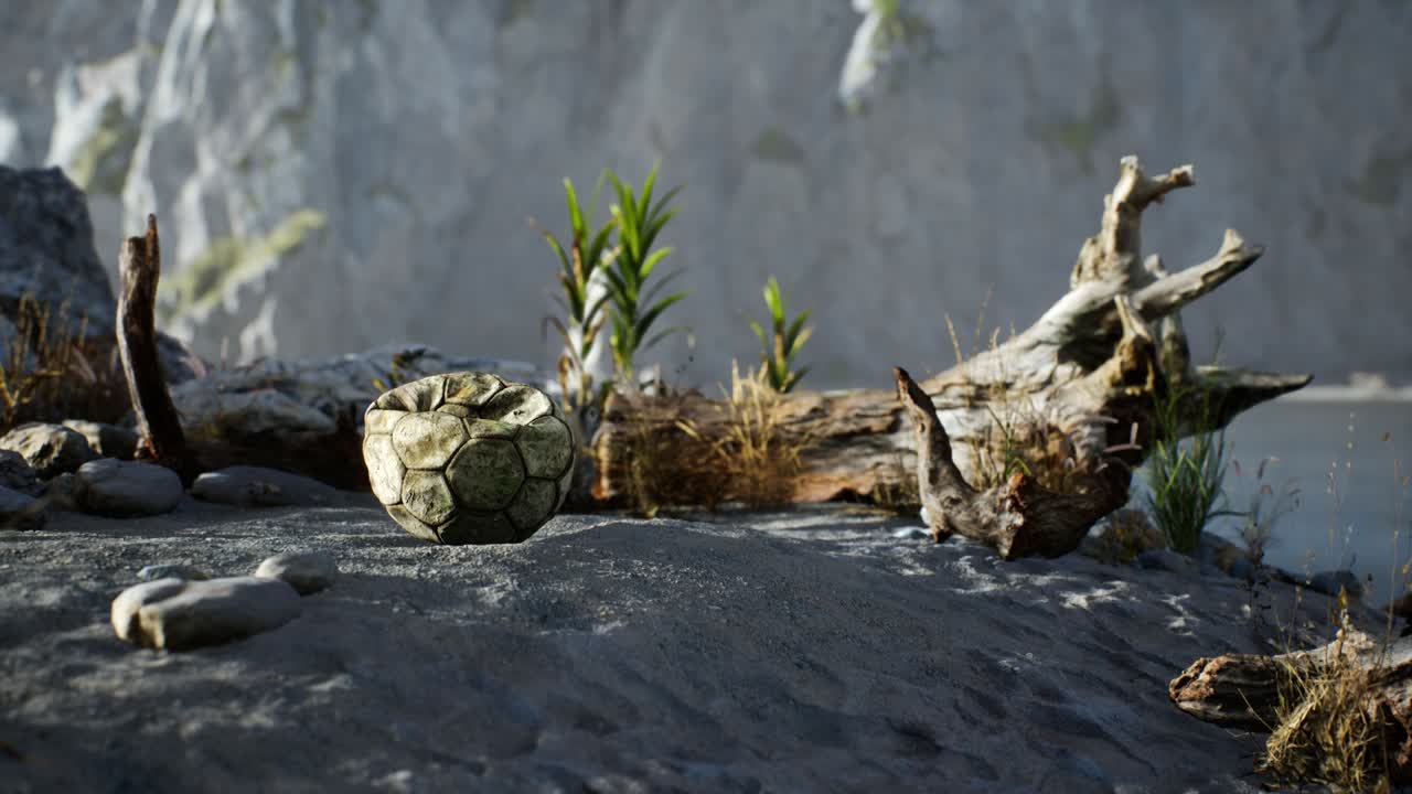⁇ 은  ⁇ 어진 축구 공이 바 ⁇ 가의 모래에 던져져 있습니다.