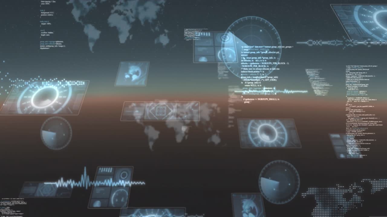 partículas rojas flotando contra múltiples escáneres redondos y procesamiento de datos sobre fondo azul