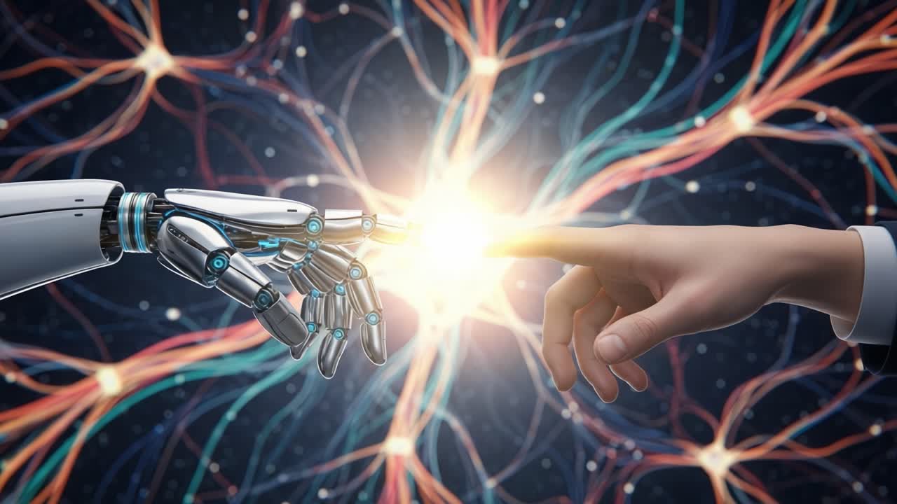 A Captivating Moment of Connection Between Human and Machine as Their Fingers Nearly Touch, Symbolizing the Intersection of Technology, Innovation, and Humanity's Future