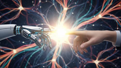 a captivating moment of connection between human and machine as their fingers nearly touch, symbolizing the intersection of technology, innovation, and humanity's future