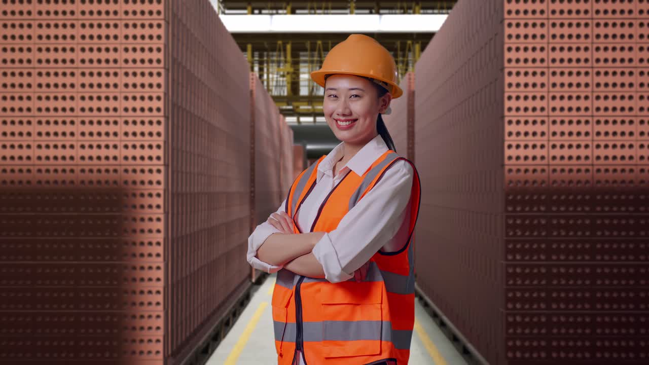 Side View Of Asian Female Engineer With Safety Helmet Crossing Her Arms And Smiling While Standing With Red Brick Packed in Stacks Are Stored