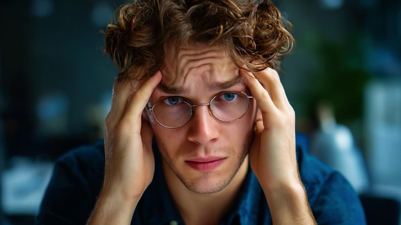 Un giovane uomo stressato e ansioso, che esprime emozioni profonde attraverso le espressioni facciali e il linguaggio del corpo mentre è seduto in un ambiente moderno