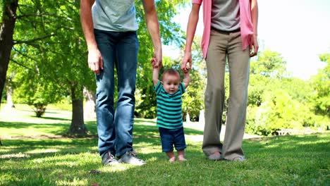 parents teaching their baby son to walk on the grass
