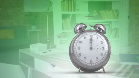 Animation-of-clock-moving-over-office-desk-and-shelves