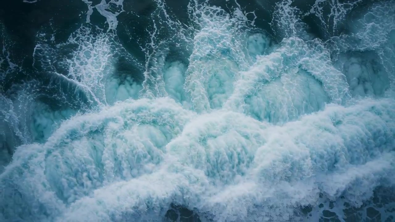 Swell arriving, ocean breaking into crests and swirling troughs overhead at coast with whitewater