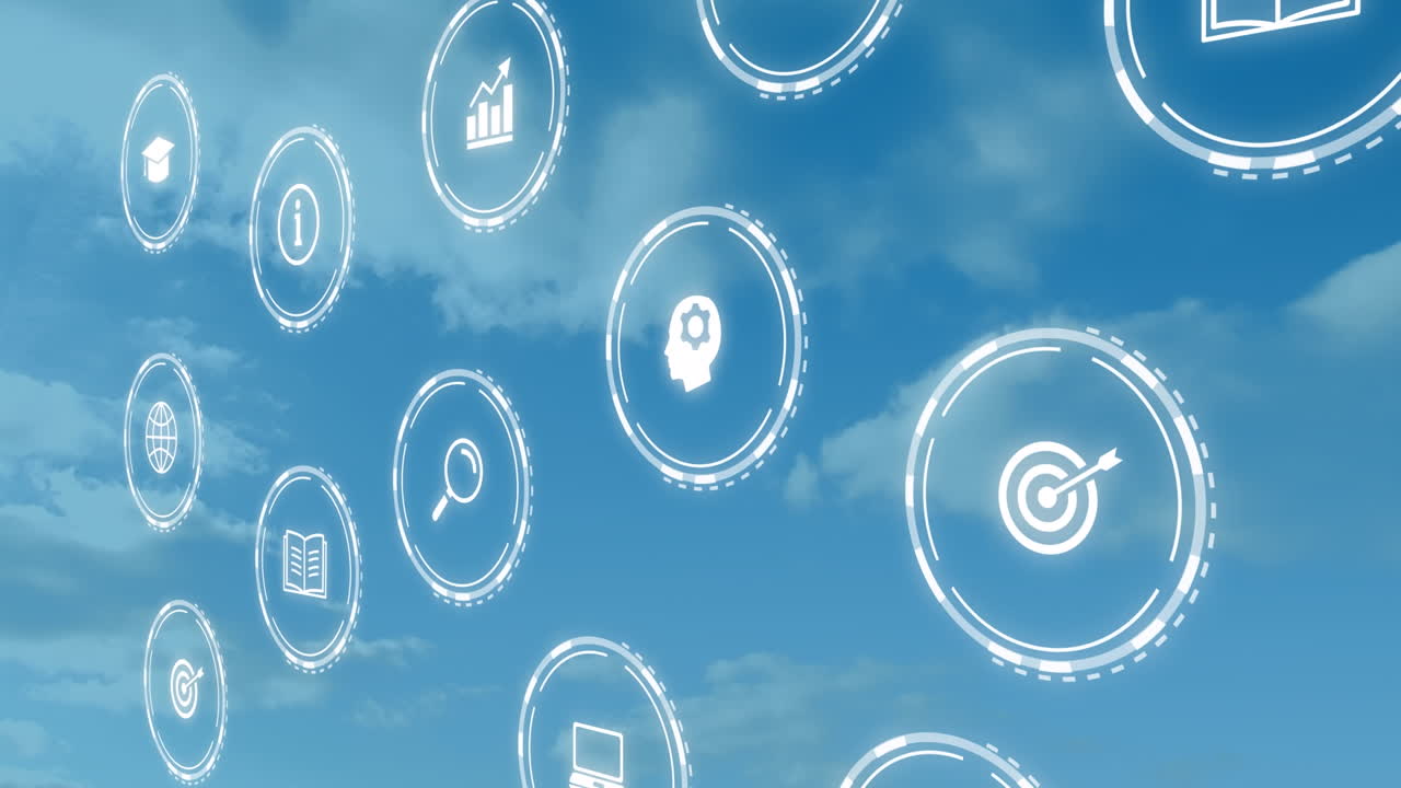 Animation of falling education icons over blue cloudy sky