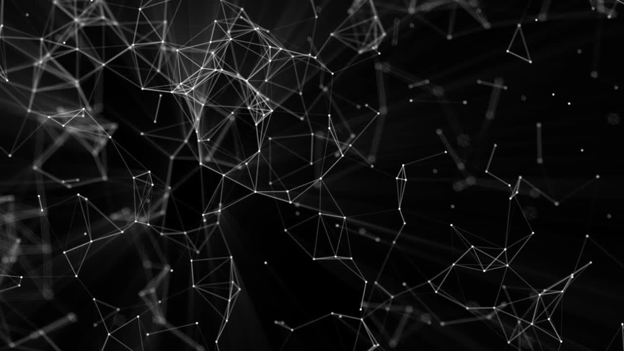 Abstract animation of a dense white and grey plexus network of dots and lines gently pulsing on black. Technology, data, communication background