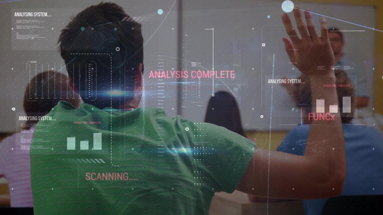 Animation of diverse data over caucasian male teacher and class of diverse pupils