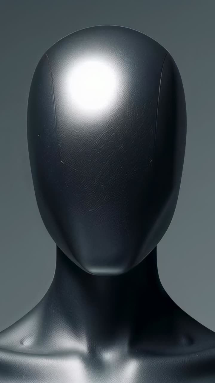Video verticale: luce da studio mutevole che rivela graffi su un busto di manichino nero senza volto in studio