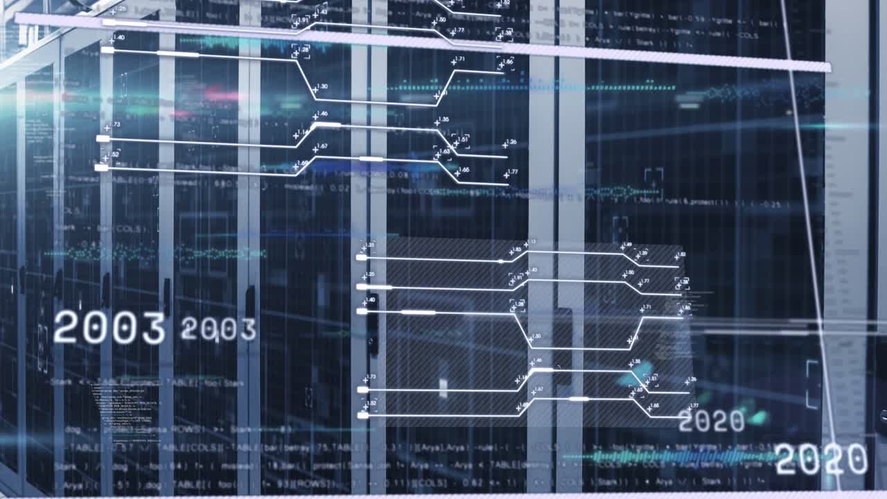 Animation of interface with data processing against computer server room