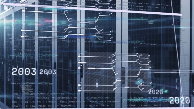 Animation of interface with data processing against computer server room