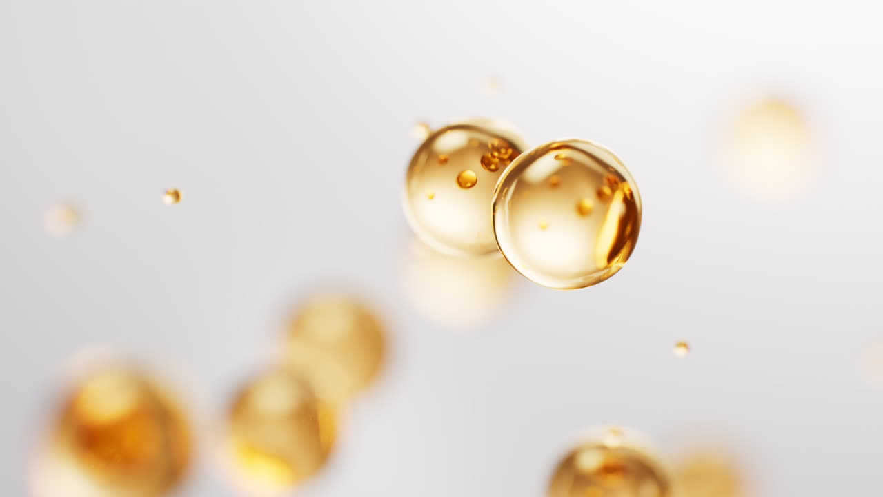 Sfondo trasparente con bolle di liquido dorato, rendering in 3D