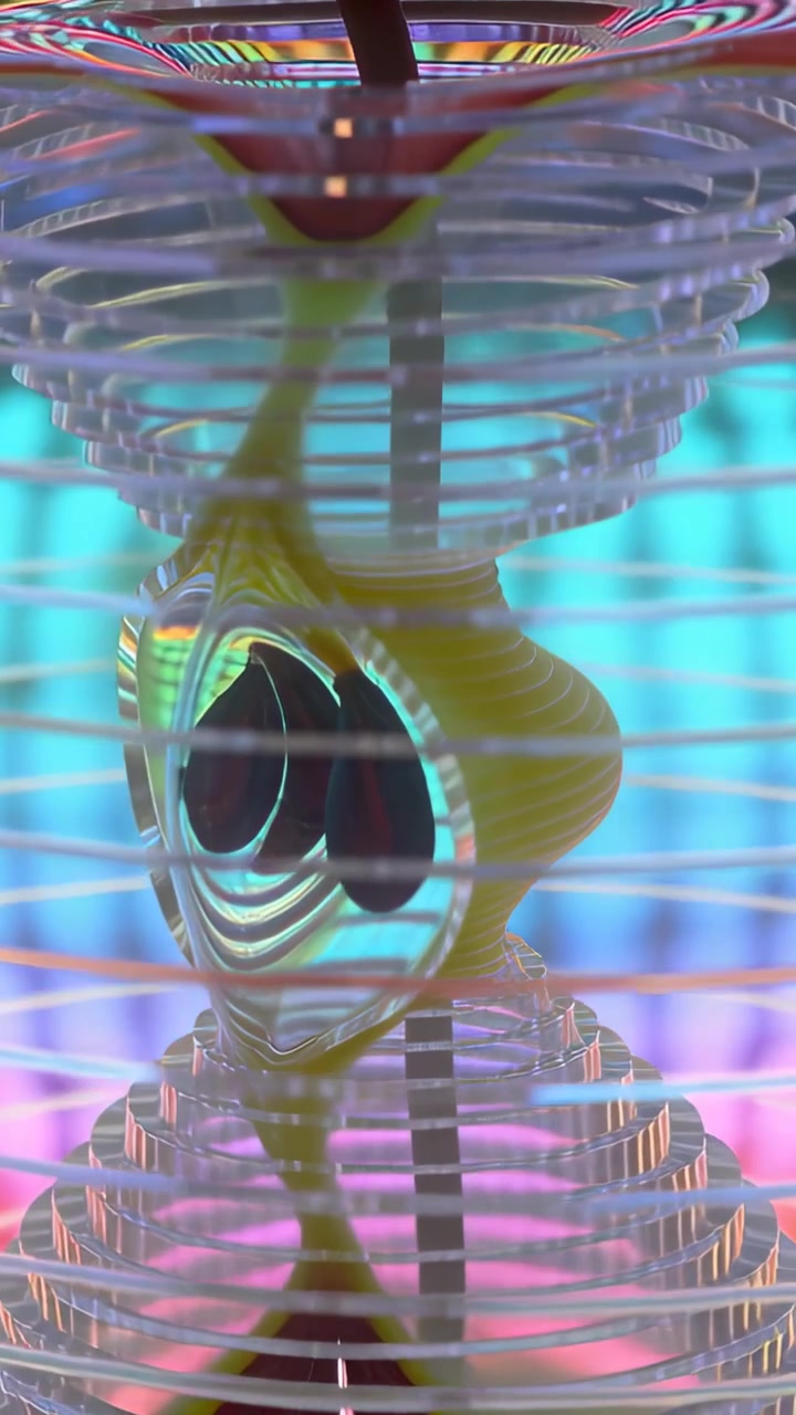 Vertical video: Rotating after frames, glass orb showing drops and yellow drop on rod over LED grid