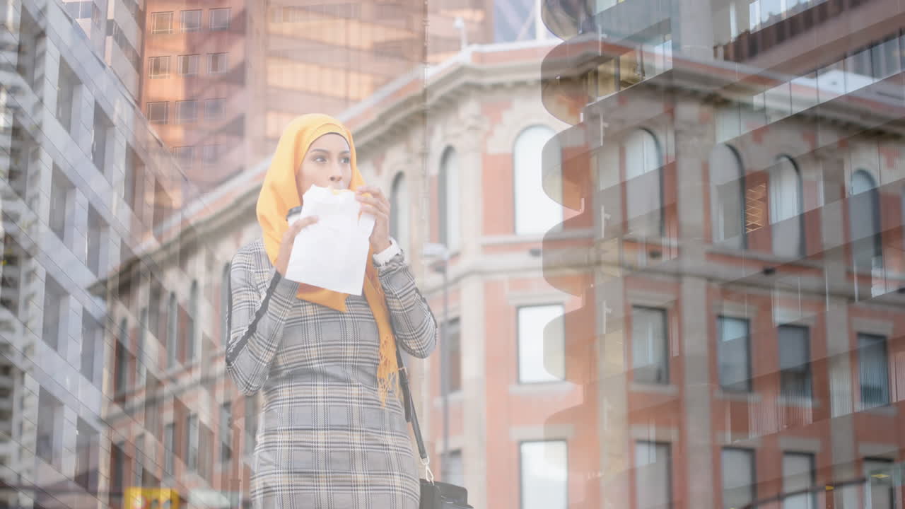 히자브를 입은 아시아 여성이 도시 풍경 위에서 도시에서 먹는 애니메이션