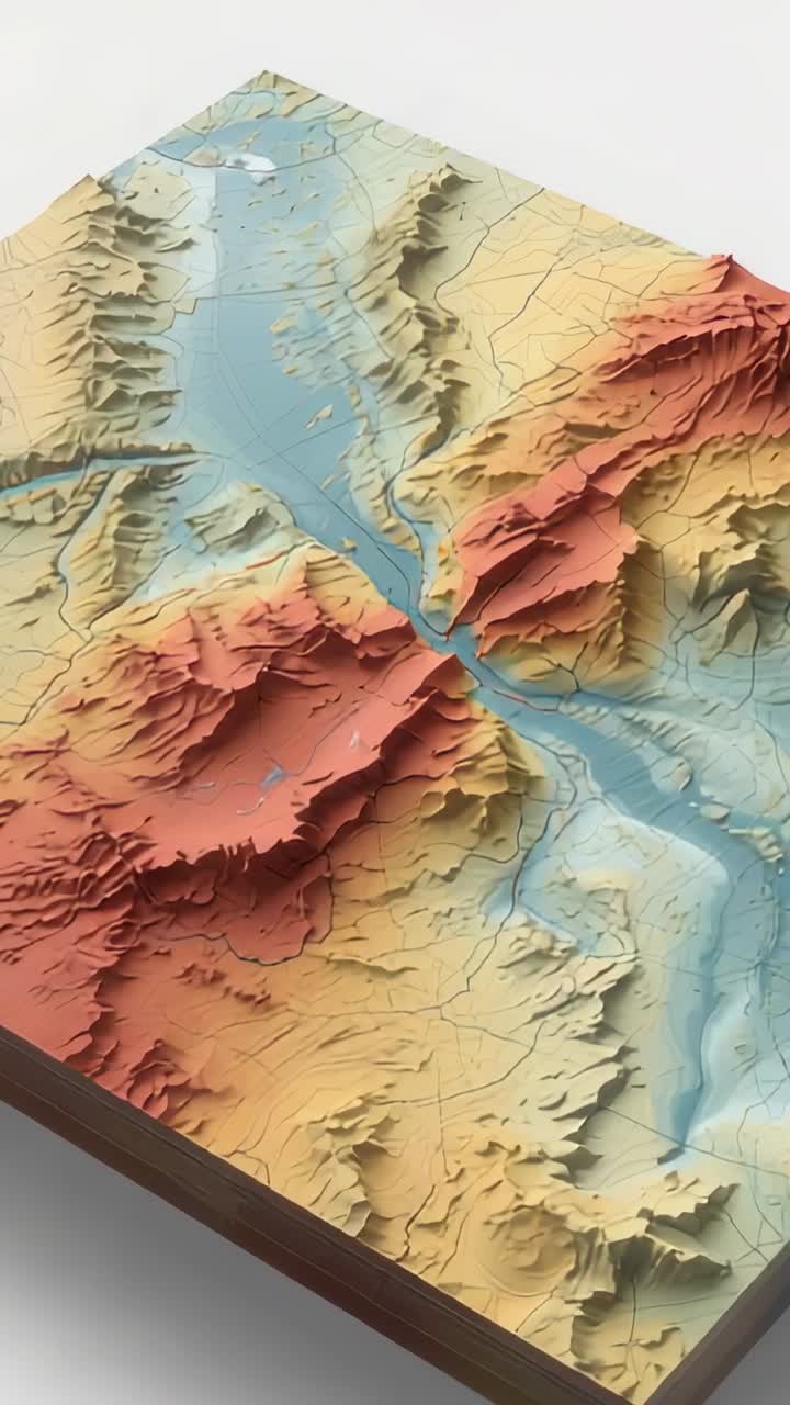 Vertical video: Play starting rotating camera showing wood relief map on table, revealing terrain