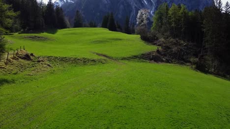 flyover alps meadow with grimming peak towering in the background