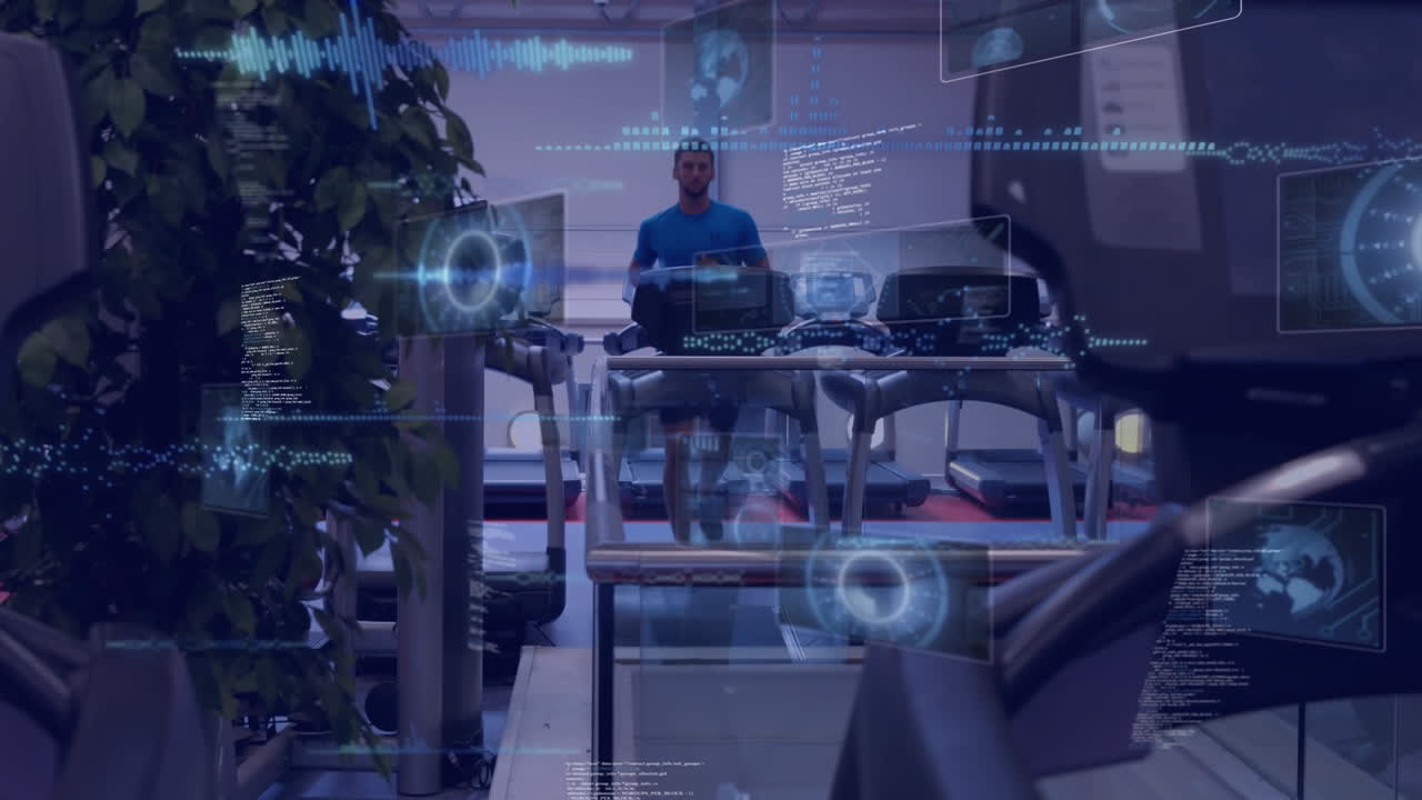 Animation af databehandling over mand, der løber på løbebånd og træner i fitnesscenter.