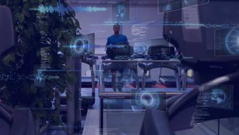 animation of data processing over man running on treadmill, exercising in gym