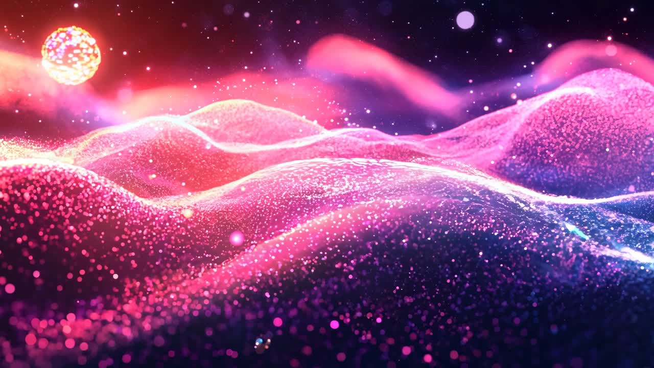 A colorful, abstract image of a mountain range with pink and blue hues. The image has a dreamy, ethereal quality to it, as if it were a painting or a digital creation