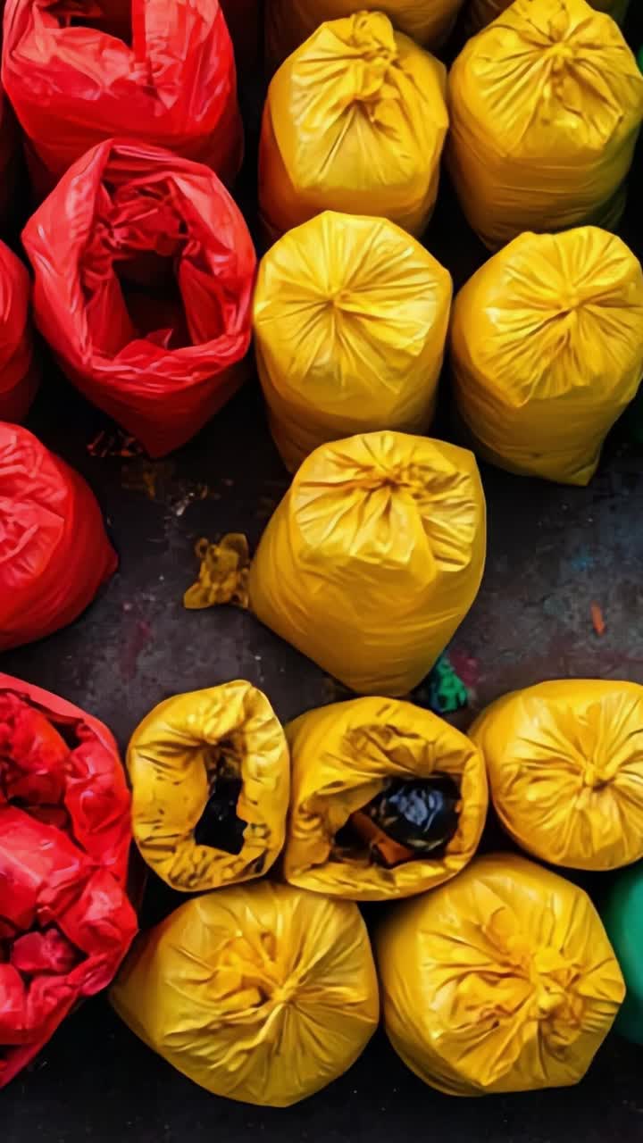 Colorful Collection of Red and Yellow Bags Piled Together in an Organized Display, Showcasing Various Shapes and Arrangements from an Aerial Perspective