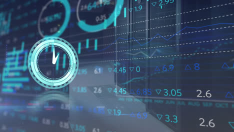 Animation-of-neon-ticking-clock,-statistical-and-stock-market-data-processing-against-server-room