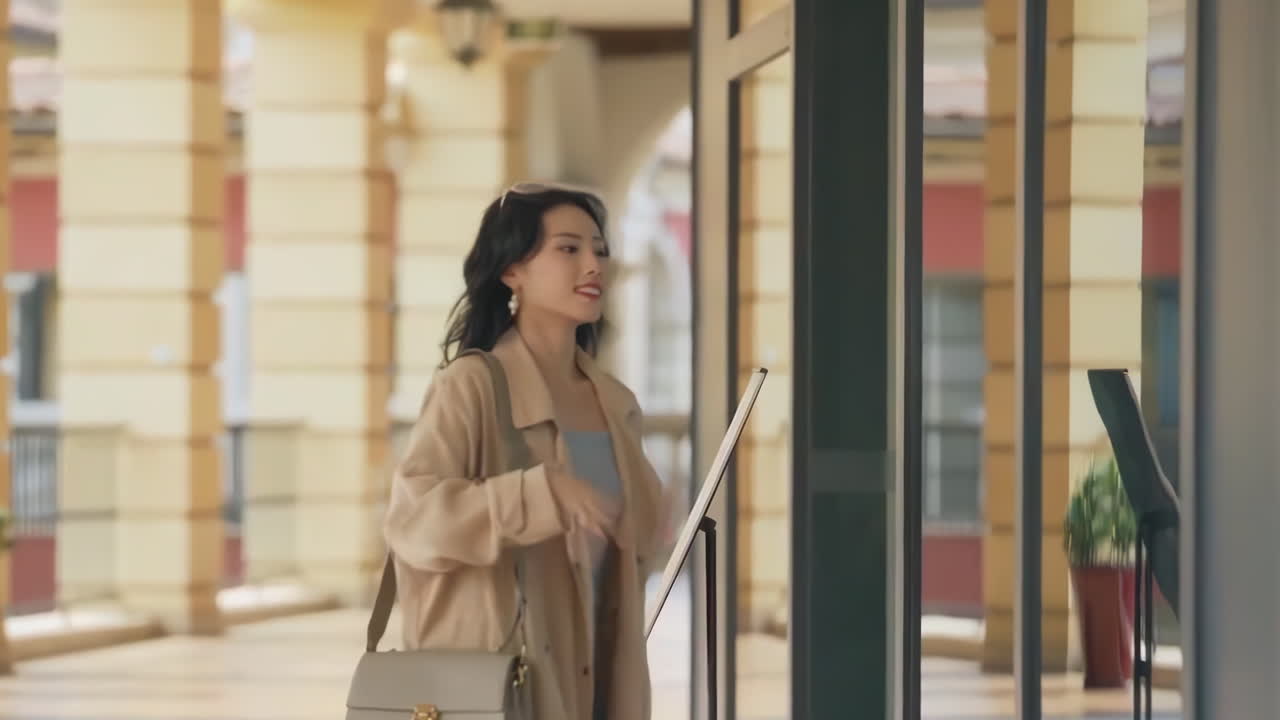 행복한 아시아 여성, 트렌디하고 세련된 옷을 입은 젊은 미소 짓는 소녀, 밝은 색의 쇼핑 가방을 가진 신용 카드를 사용하여 쇼핑몰에서 는 동안 스마트 폰을 사용합니다.