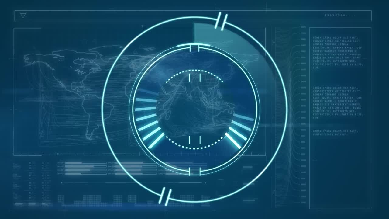 animación del escaneo del alcance, el procesamiento de datos y estadísticas sobre el mapa del mundo en la pantalla