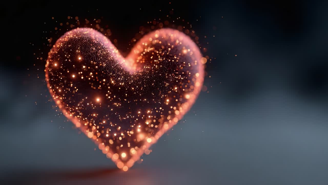 Un cuore luminoso ipnotico fatto di particelle scintillanti, che irradia calore e amore, perfetto per esprimere emozioni profonde e celebrare i legami