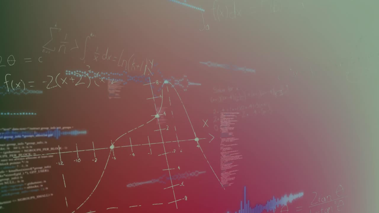 보라색 그래디언트 배경에 떠다니는 데이터 처리 및 수학적 방정식의 애니메이션