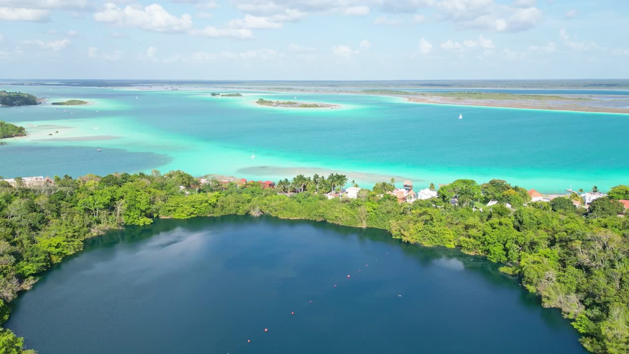 Bacalar Lagoon and Cenote Azul aerial view showcasing the turquoise water and lush greenery