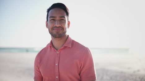 summer, holiday and face of happy man on beach
